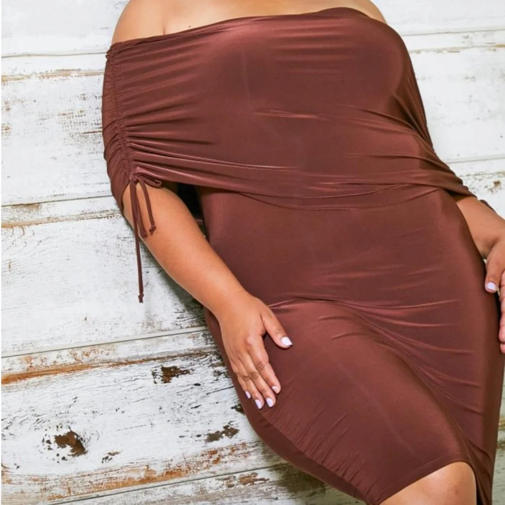Silky Chocolate Ruched Off Shoulder Dress - Picture 2 of 2